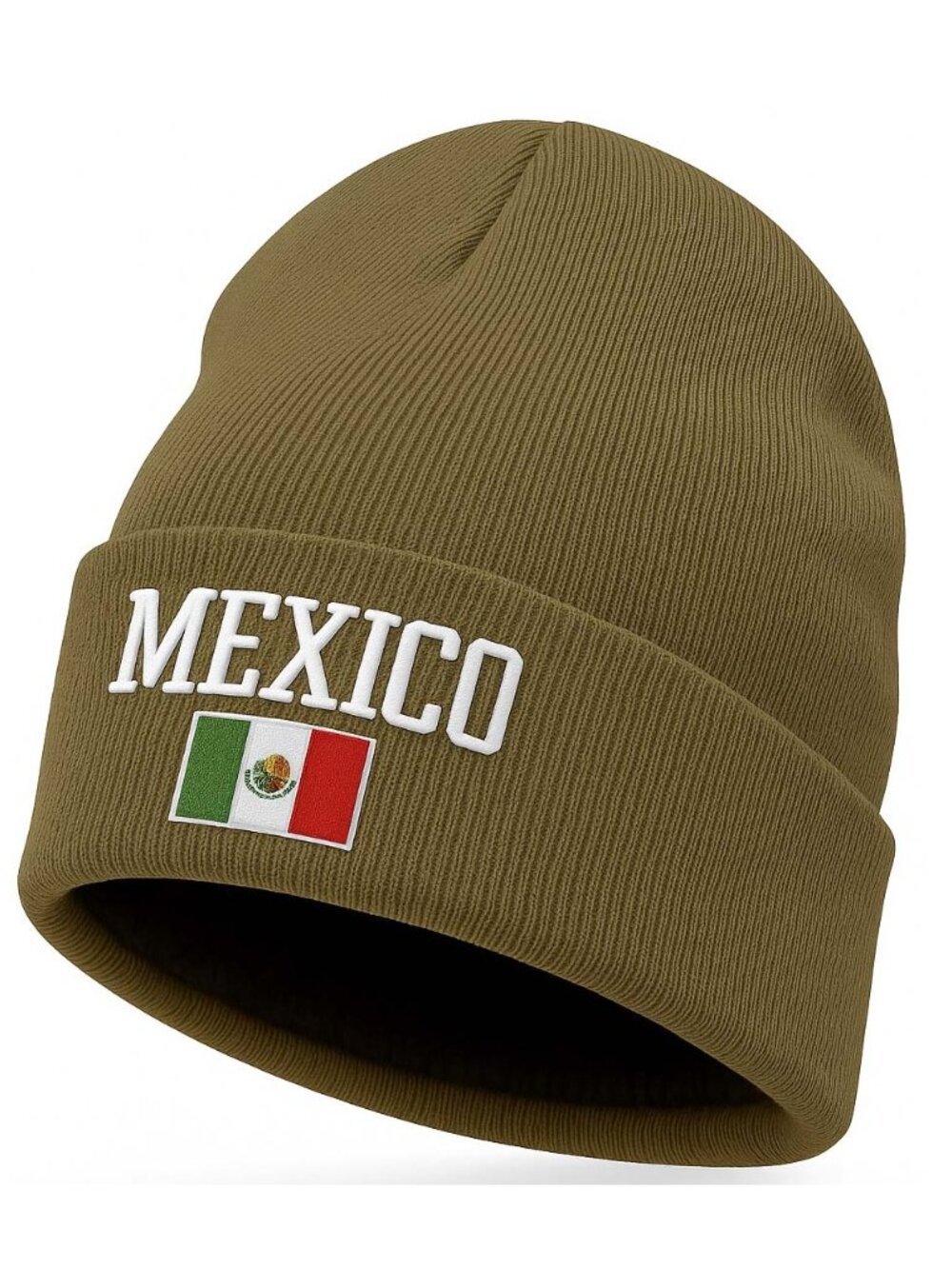 Fleece Lined Mexico Beanie Hat, Olive